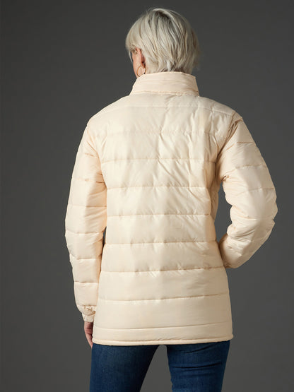 Women Peach High Neck Horizontal Quilt Puffer Jacket