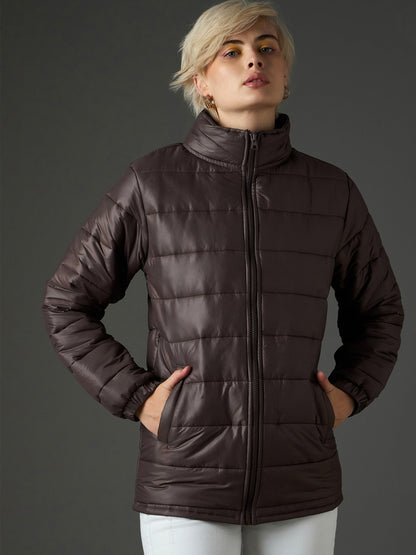 Women Brown High Neck Horizontal Quilt Puffer Jacket