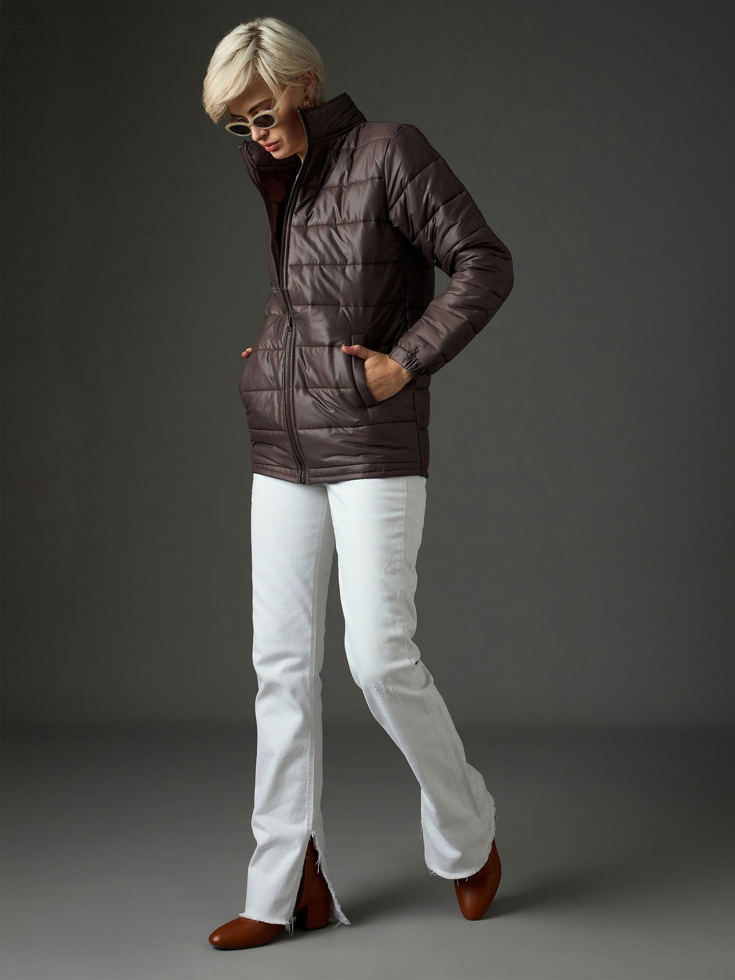 Women Brown High Neck Horizontal Quilt Puffer Jacket