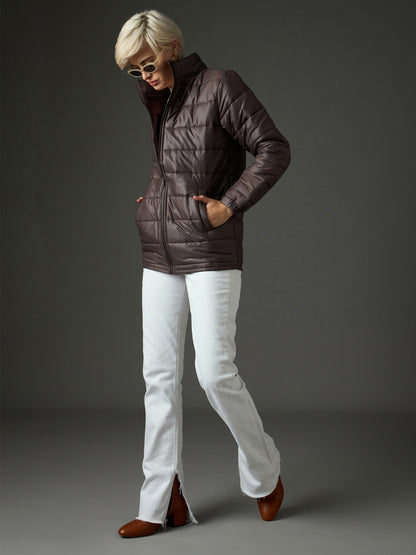 Women Brown High Neck Horizontal Quilt Puffer Jacket