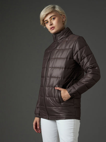 Women Brown High Neck Horizontal Quilt Puffer Jacket