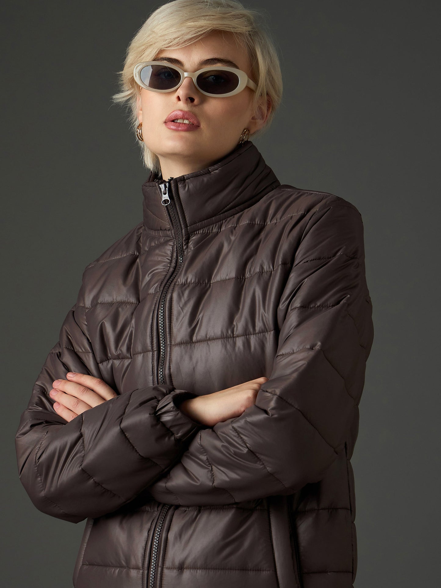 Women Brown High Neck Horizontal Quilt Puffer Jacket