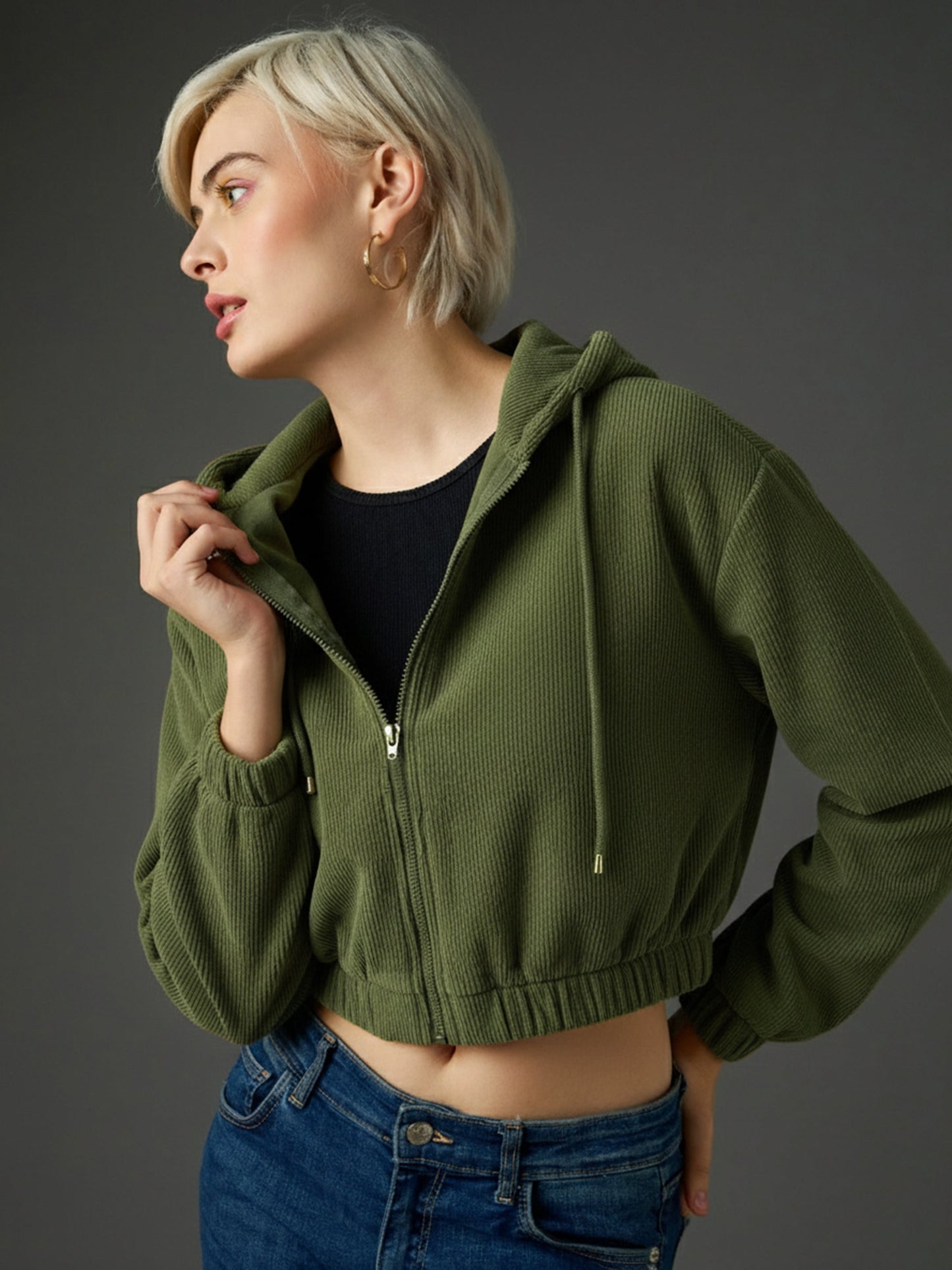 Olive Hooded Boxy Corduroy Crop Jacket