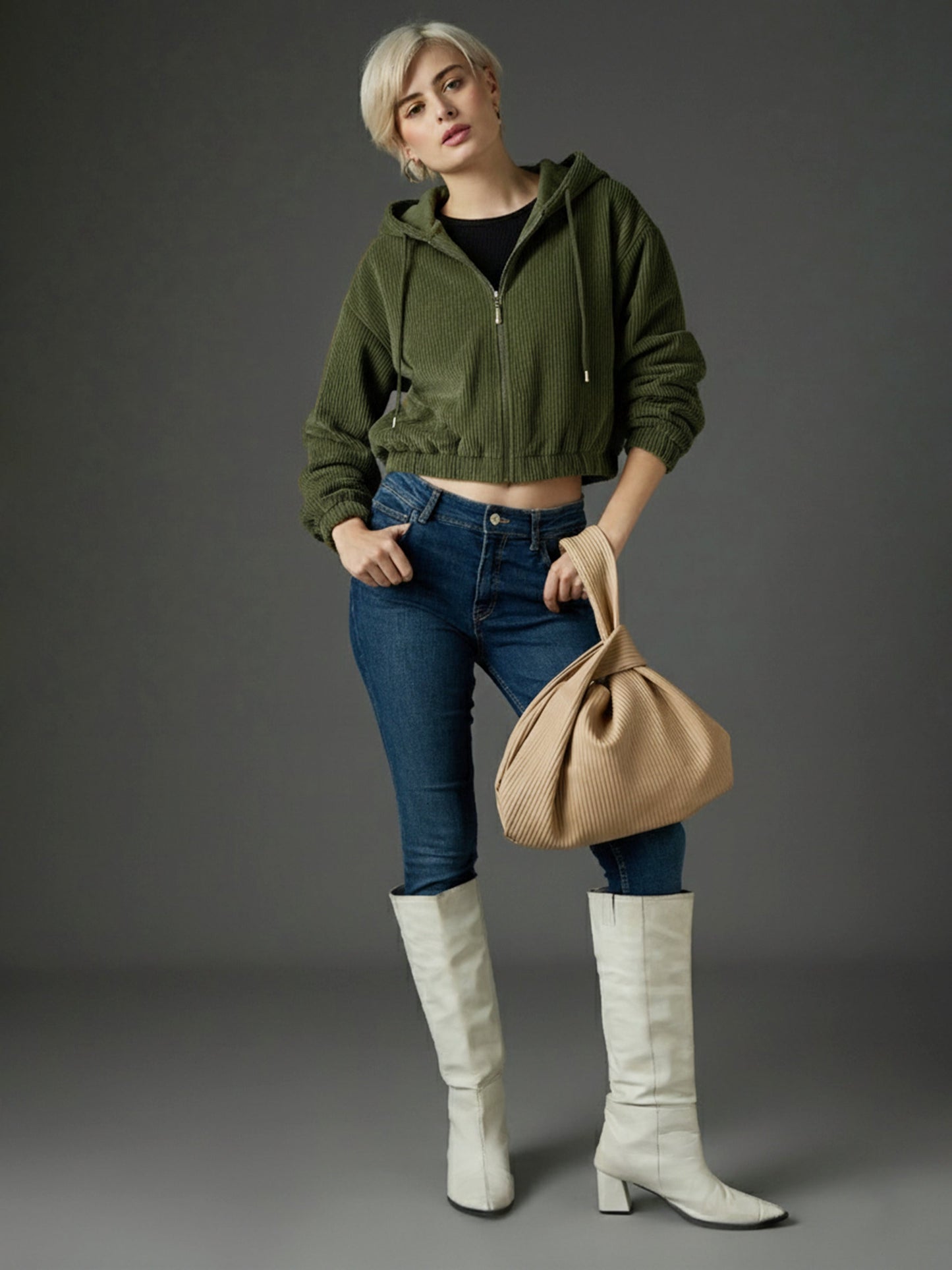 Olive Hooded Boxy Corduroy Crop Jacket