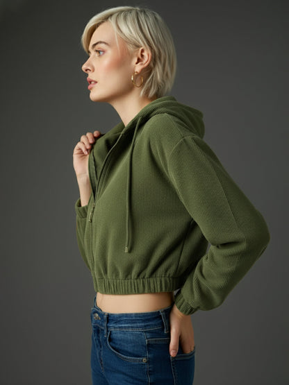 Olive Hooded Boxy Corduroy Crop Jacket