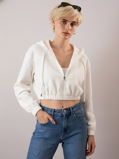 White Hooded Boxy Corduroy Crop Jacket