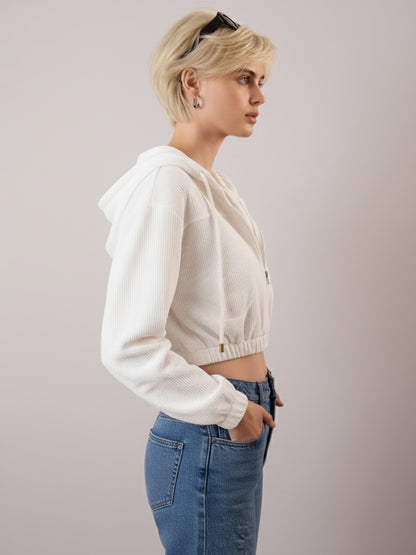 White Hooded Boxy Corduroy Crop Jacket