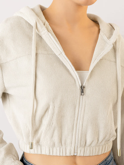 White Hooded Boxy Corduroy Crop Jacket