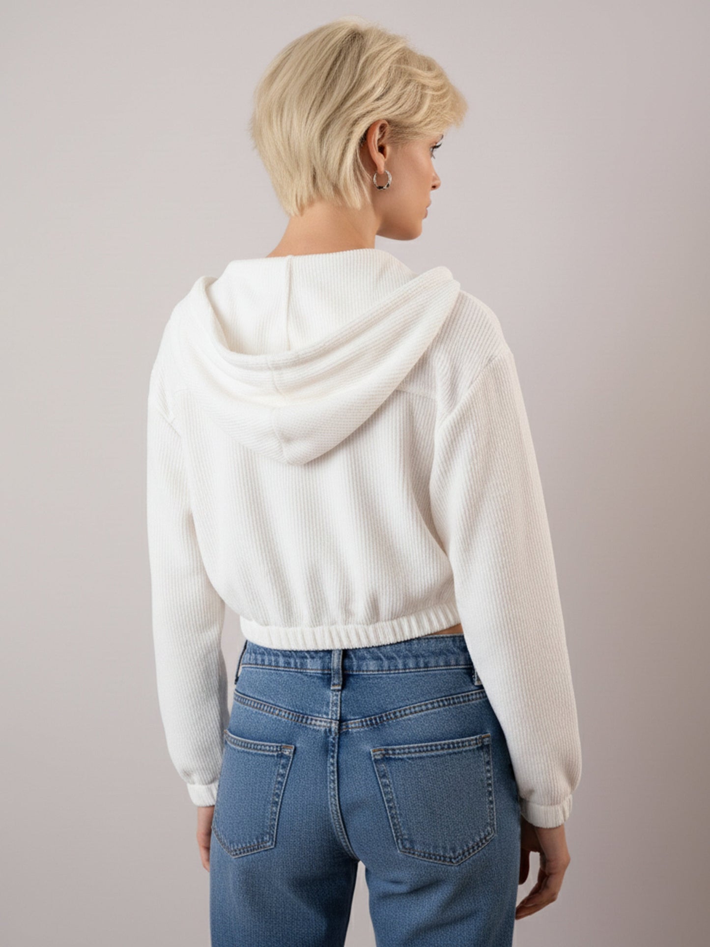 White Hooded Boxy Corduroy Crop Jacket