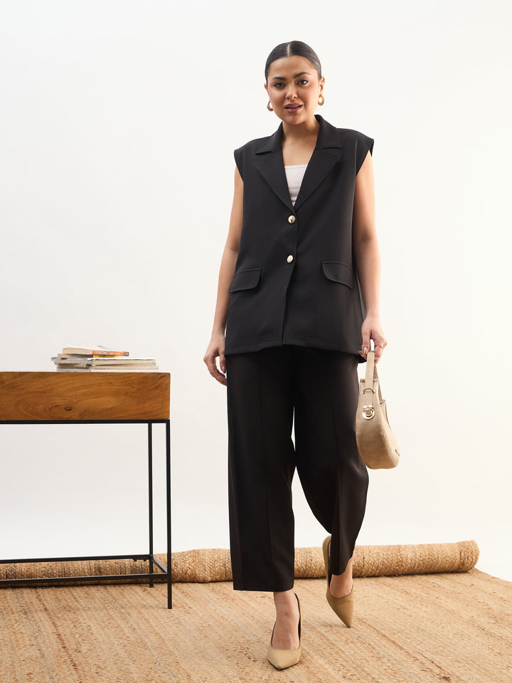 Women Black Notch Collar Sleeveless Oversize Blazer With Slouchy Pant