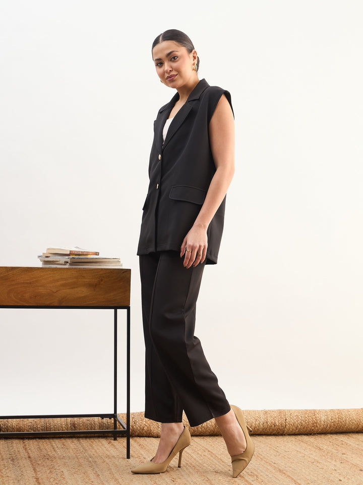 Women Black Notch Collar Sleeveless Oversize Blazer With Slouchy Pant