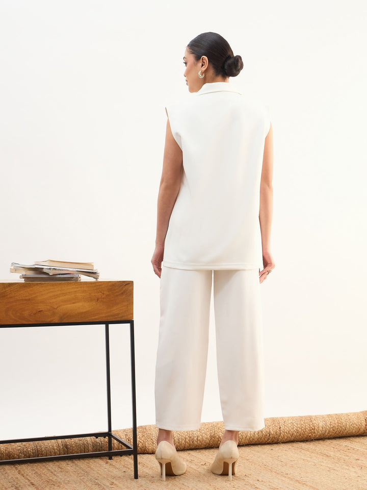 Women White Notch Collar Sleeveless Oversize Blazer With Slouchy Pant