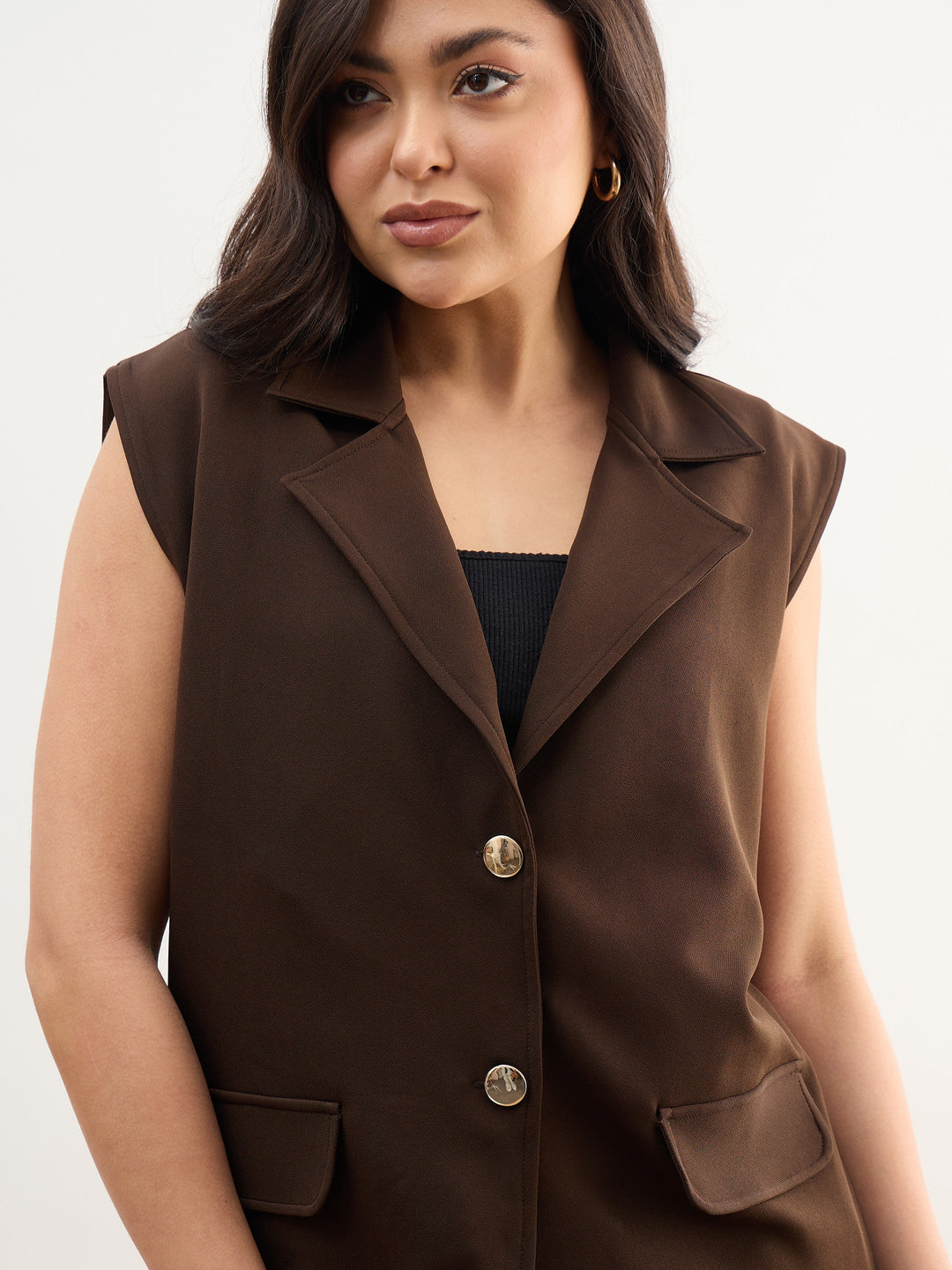 Women Coffee Brown Notch Collar Sleeveless Oversize Blazer With Slouchy Pant
