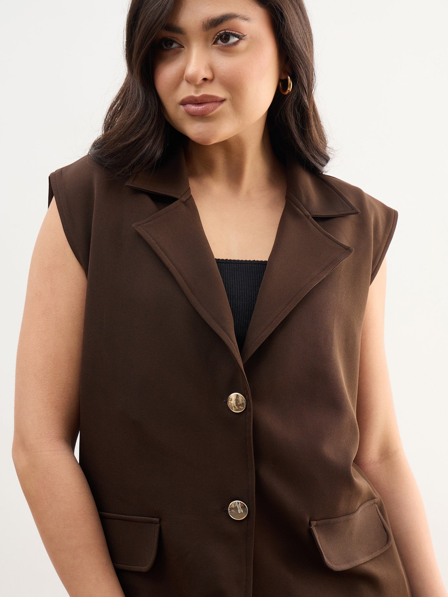 Women Coffee Brown Notch Collar Sleeveless Oversize Blazer With Slouchy Pant