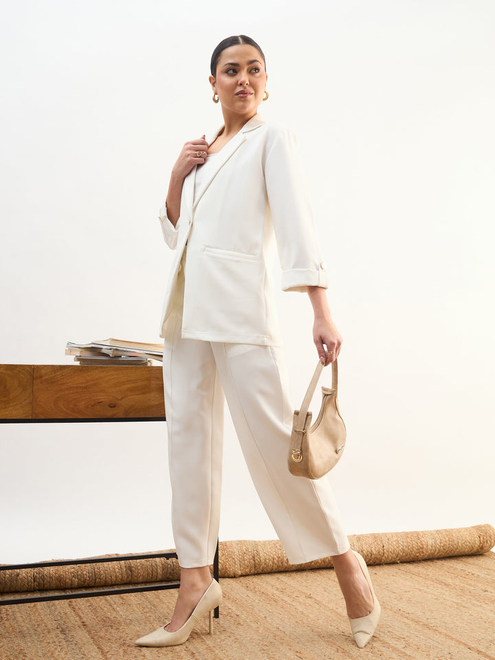 Women White Front Button Notch Collar Blazer