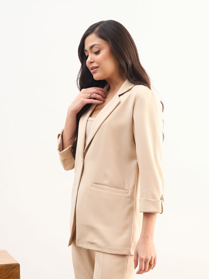 Women Beige Front Button Notch Collar Blazer
