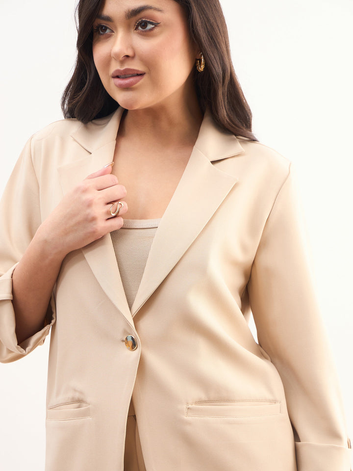 Women Beige Front Button Notch Collar Blazer