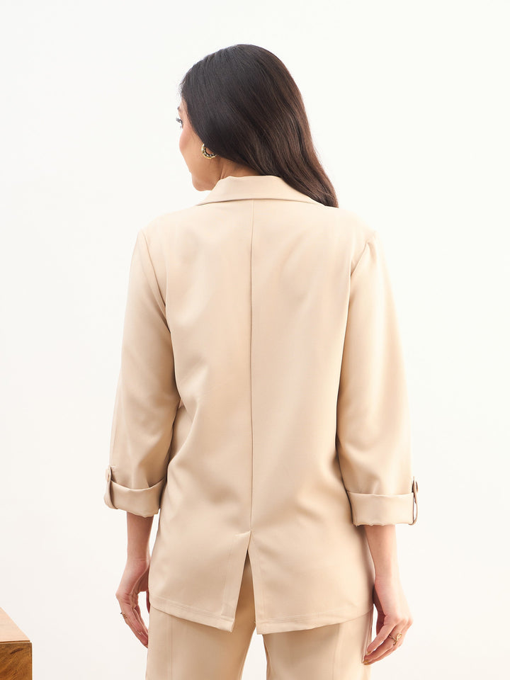 Women Beige Front Button Notch Collar Blazer