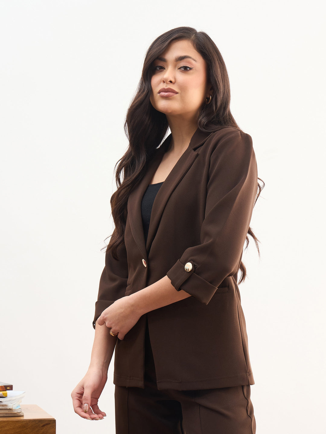 Women Coffee Brown Front Button Notch Collar Blazer