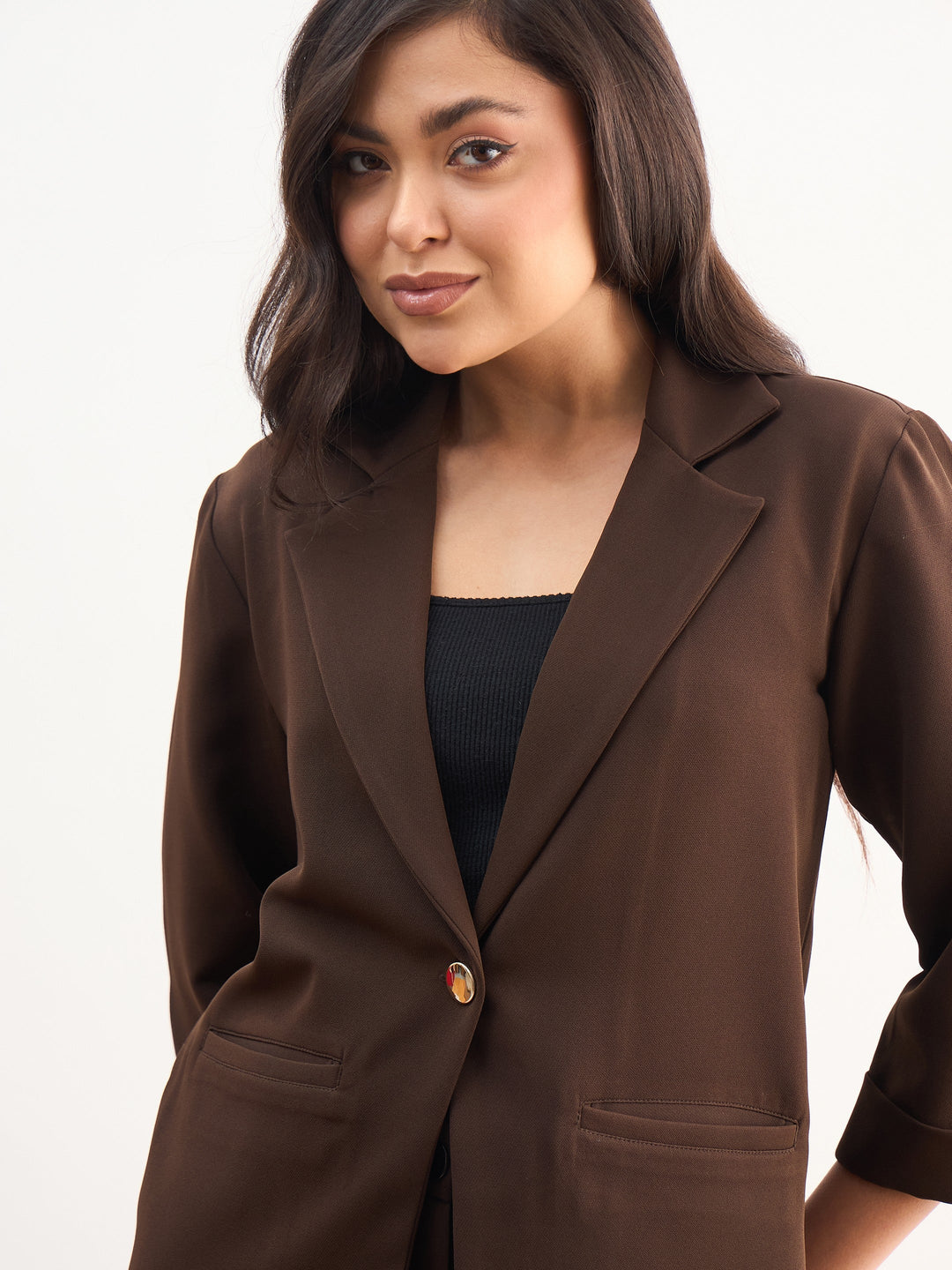Women Coffee Brown Front Button Notch Collar Blazer
