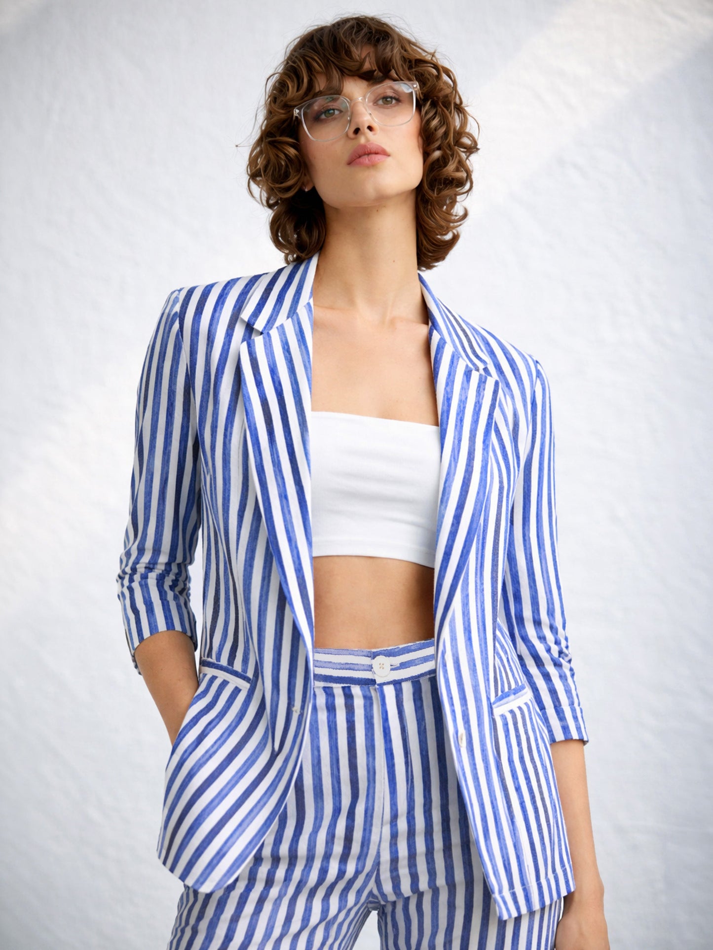 Blue Linen Striped Front Open Blazer
