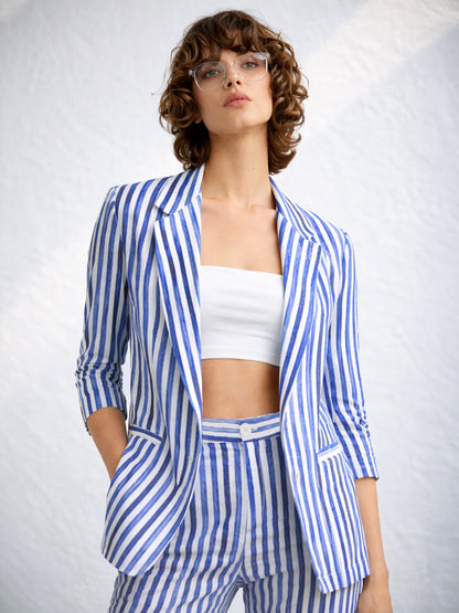 Blue Linen Striped Front Open Blazer