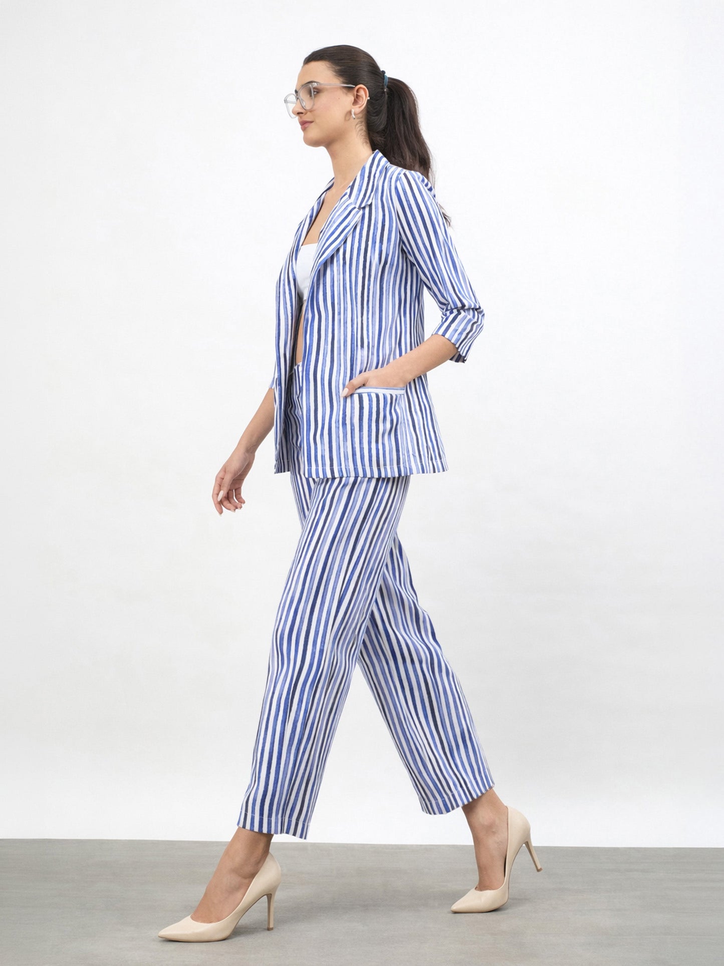 Blue Linen Striped Front Open Blazer
