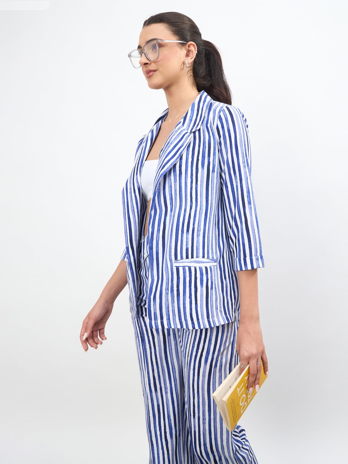 Blue Linen Striped Front Open Blazer