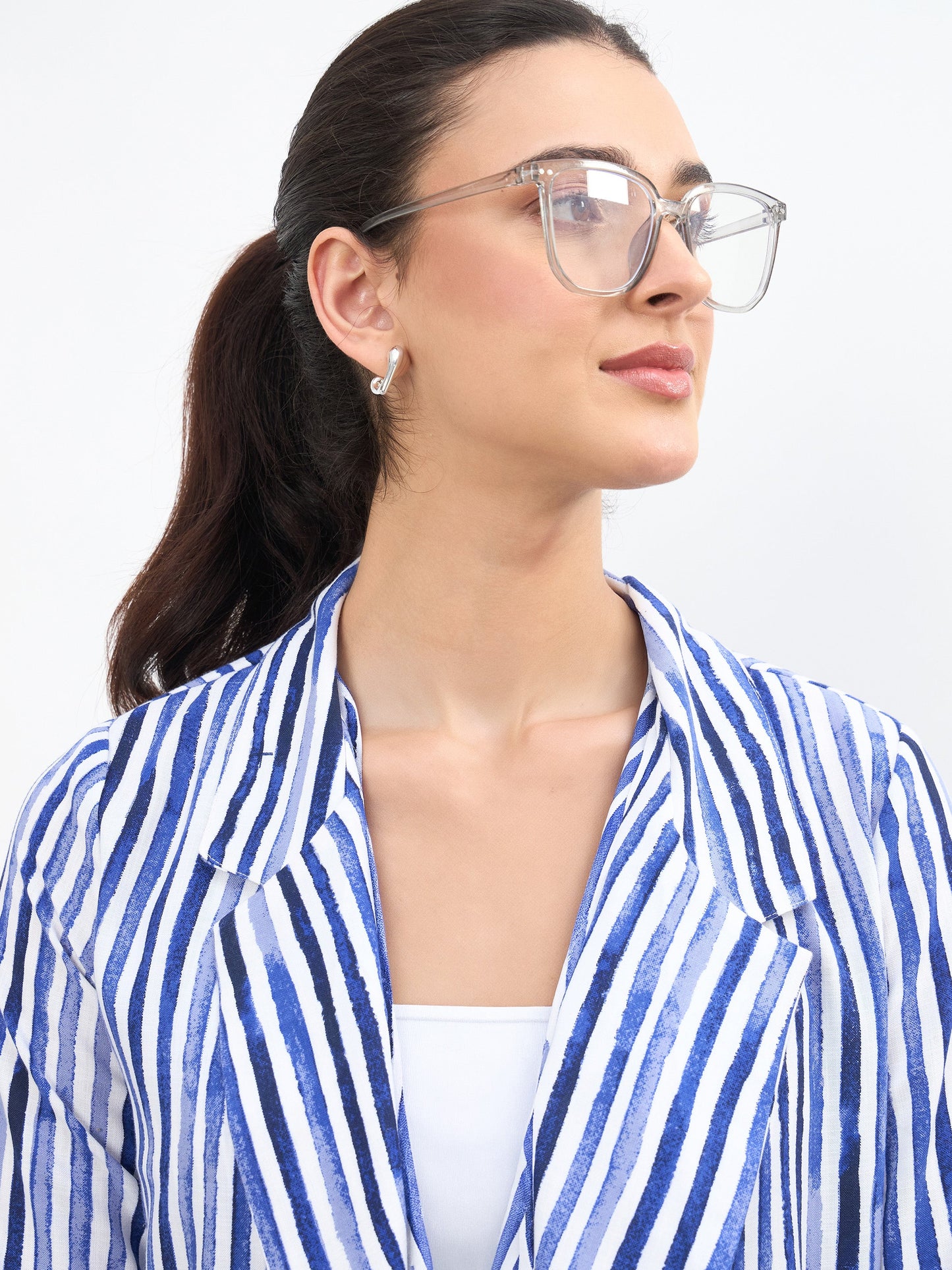 Blue Linen Striped Front Open Blazer