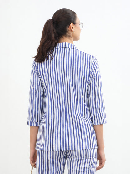 Blue Linen Striped Front Open Blazer
