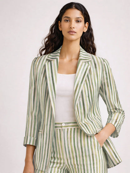 Green Linen Striped Front Open Blazer