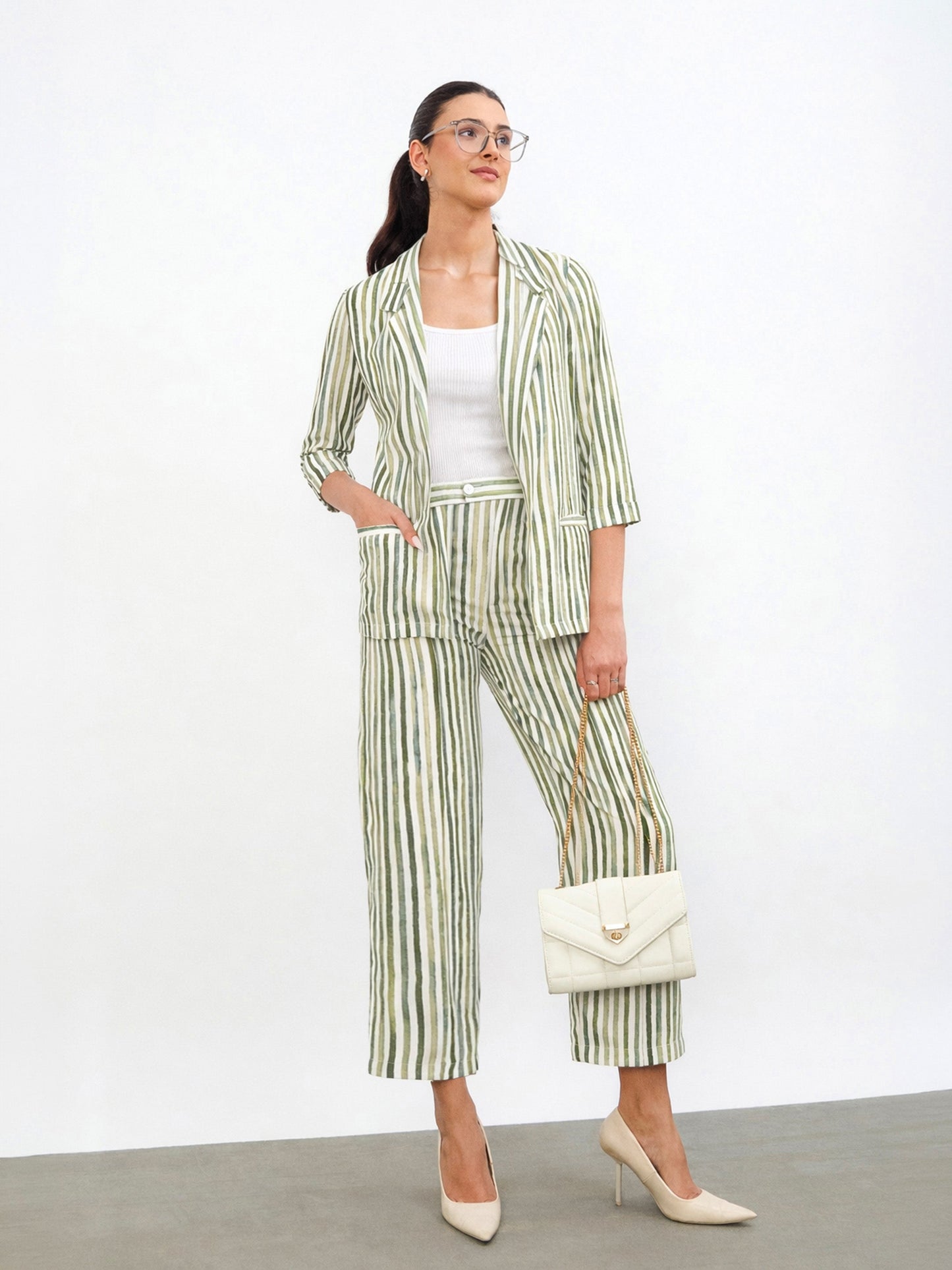 Green Linen Striped Front Open Blazer
