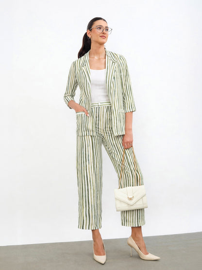 Green Linen Striped Front Open Blazer