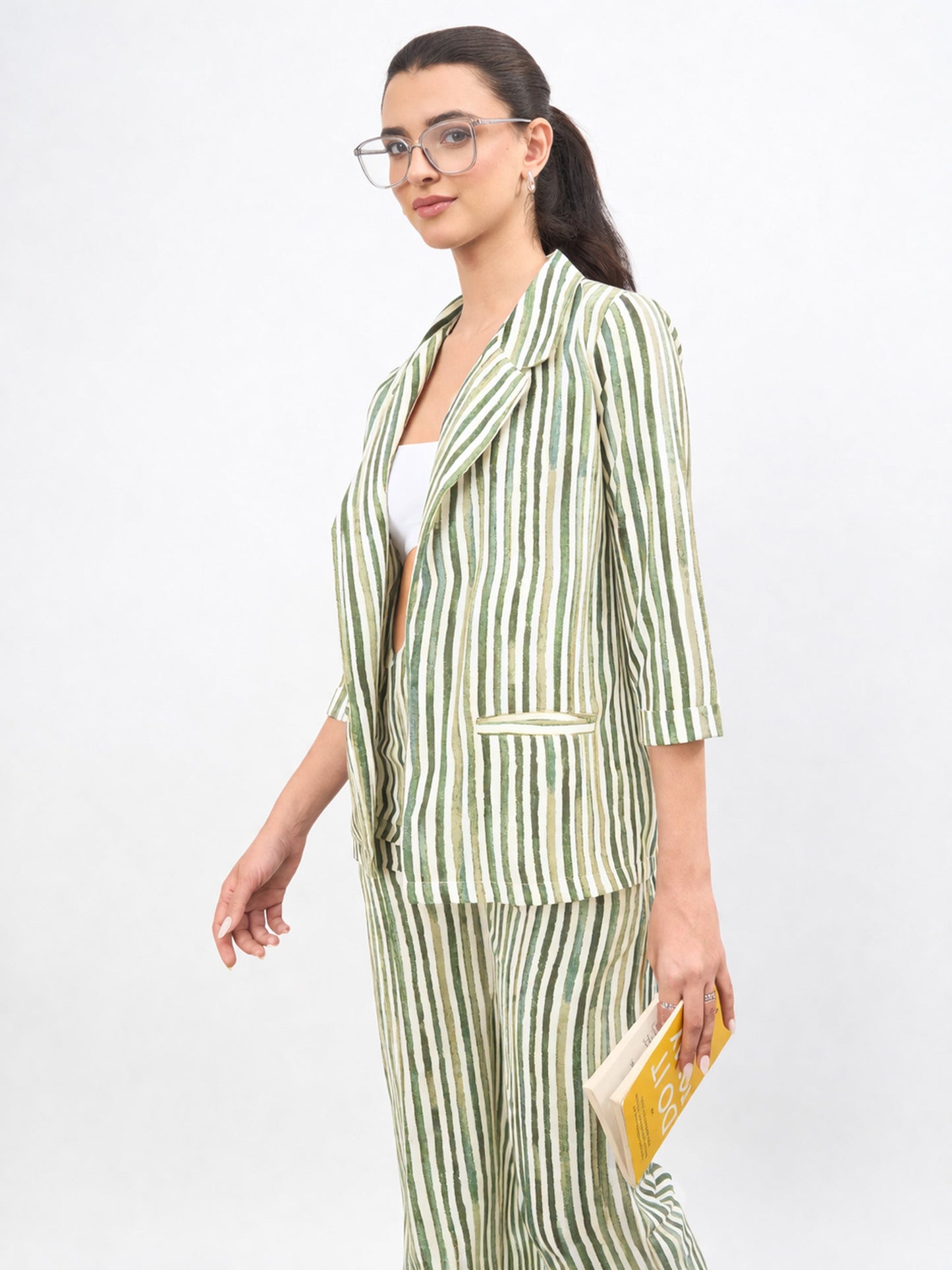Green Linen Striped Front Open Blazer