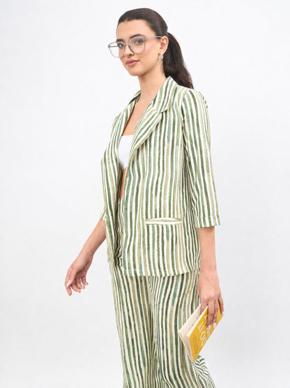 Green Linen Striped Front Open Blazer