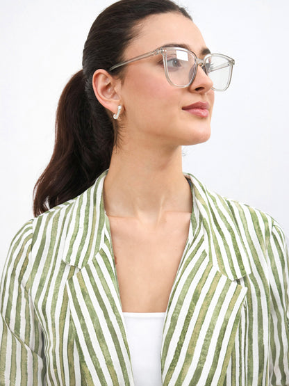 Green Linen Striped Front Open Blazer