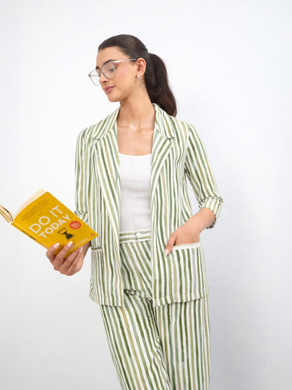 Green Linen Striped Front Open Blazer