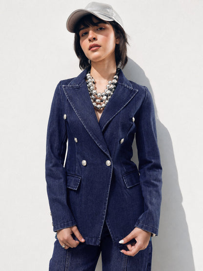 Women Navy Denim Double Breasted Full Sleeves Blazer