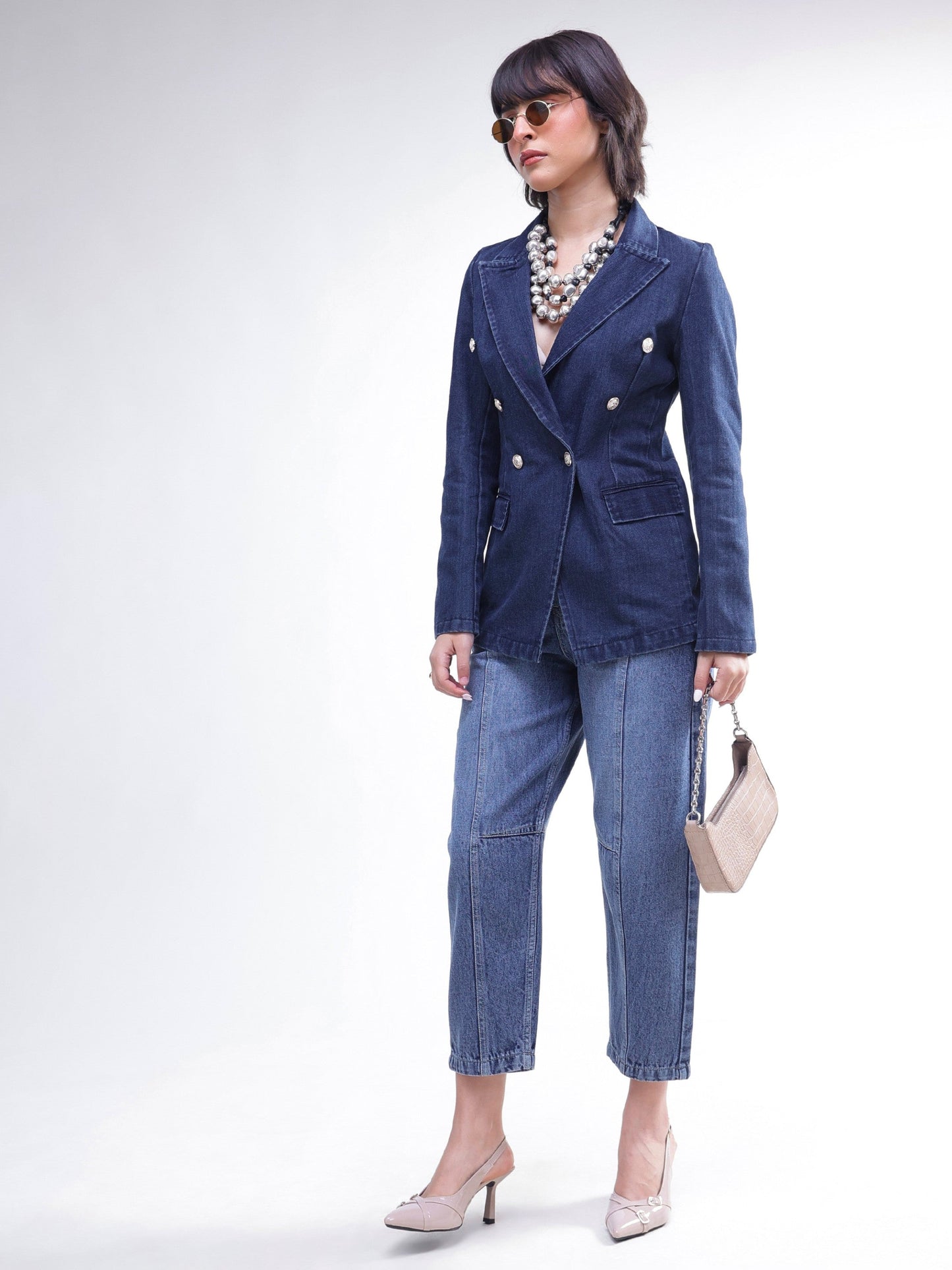 Women Navy Denim Double Breasted Full Sleeves Blazer