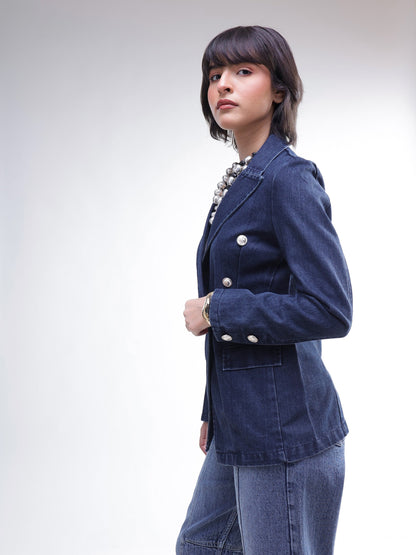 Women Navy Denim Double Breasted Full Sleeves Blazer