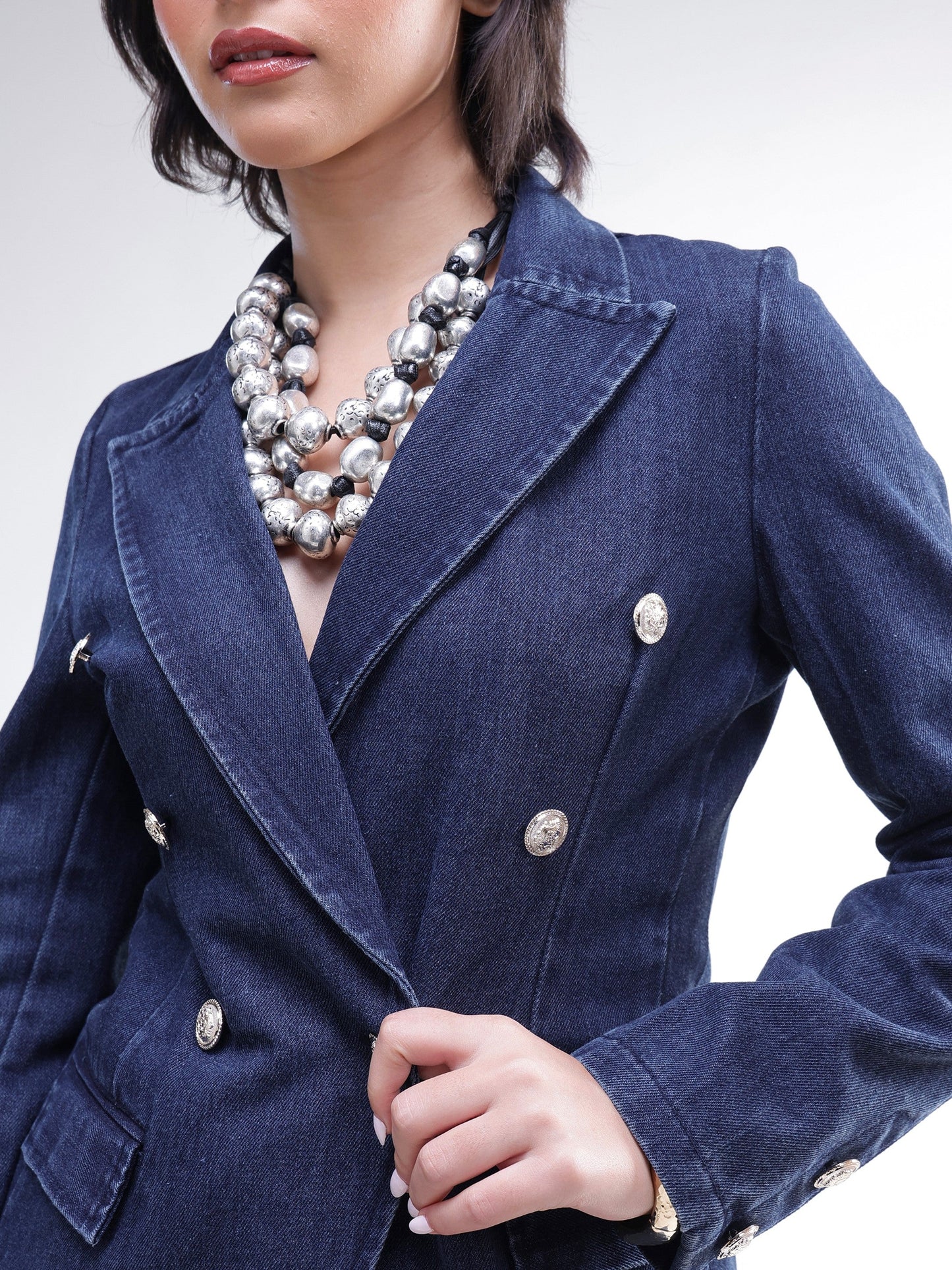 Women Navy Denim Double Breasted Full Sleeves Blazer