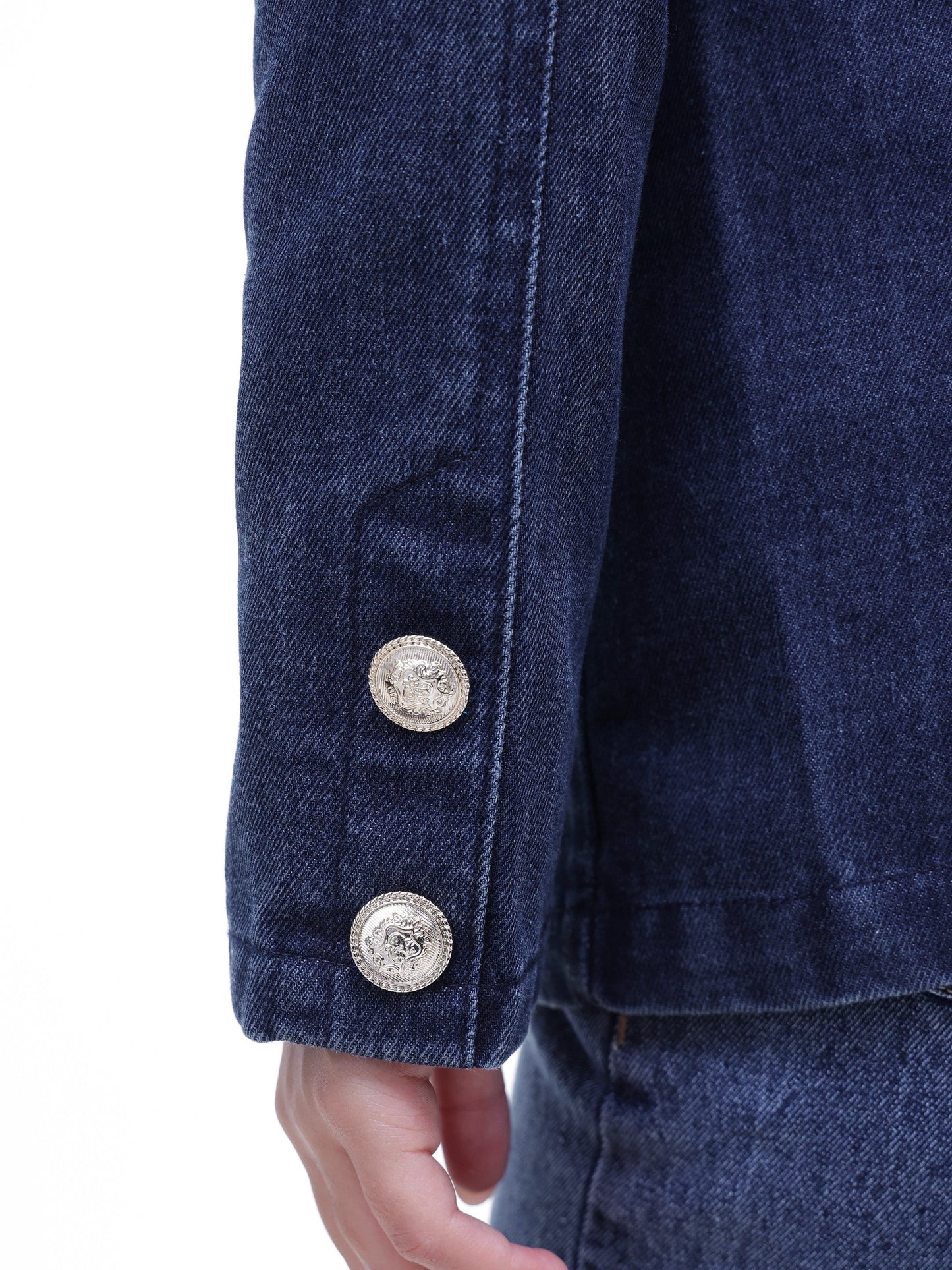 Women Navy Denim Double Breasted Full Sleeves Blazer