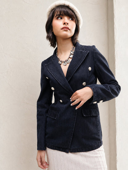 Women Black Denim Double Breasted Full Sleeves Blazer