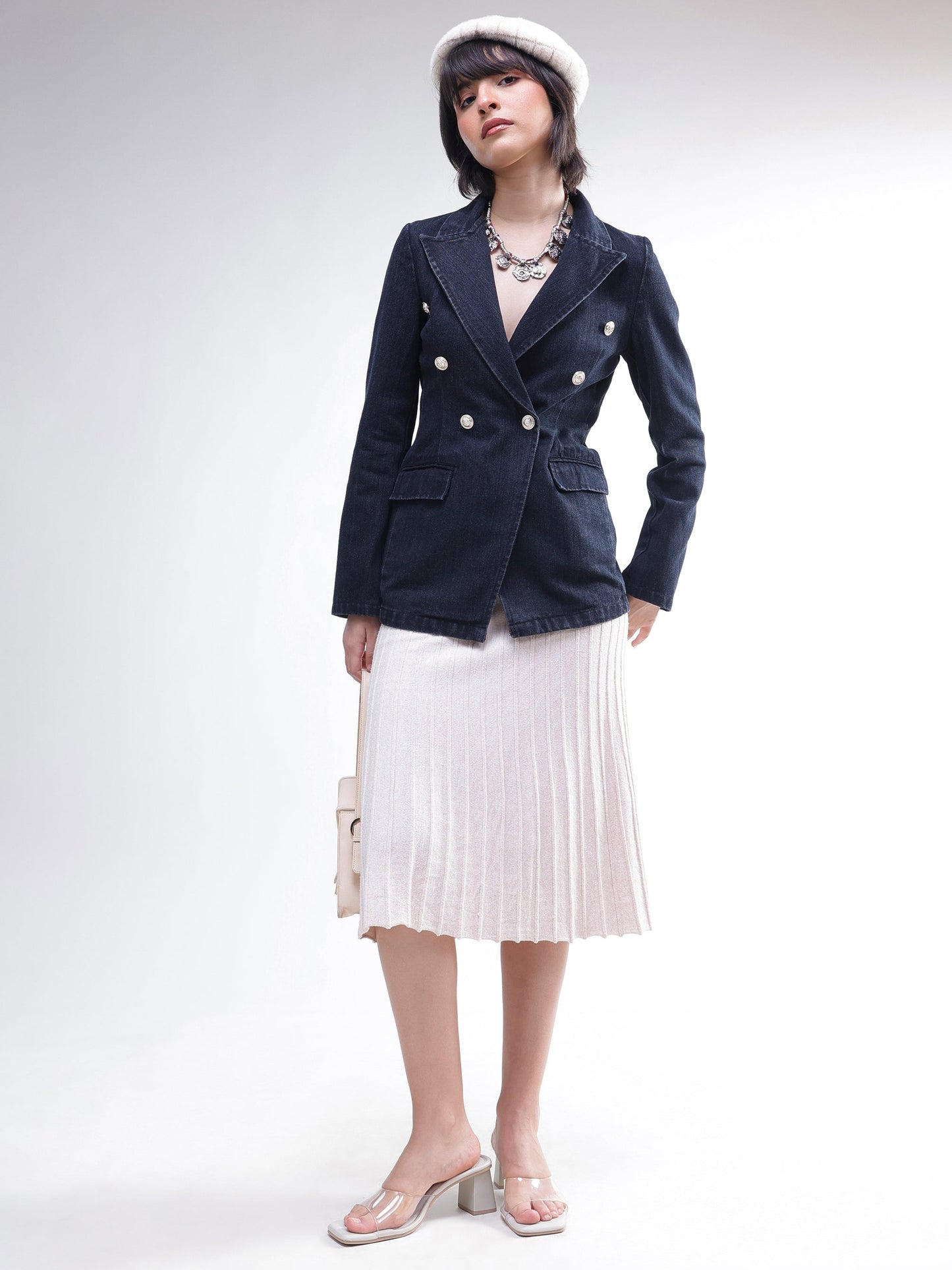 Women Black Denim Double Breasted Full Sleeves Blazer