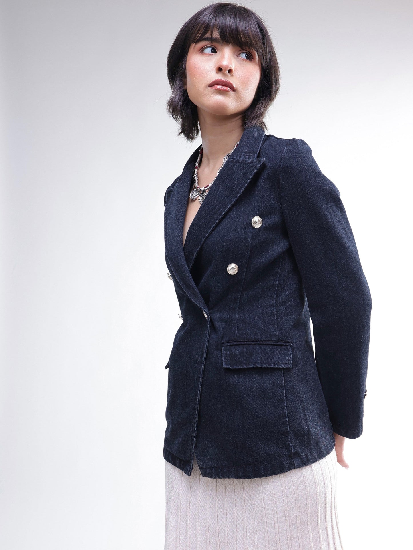 Women Black Denim Double Breasted Full Sleeves Blazer