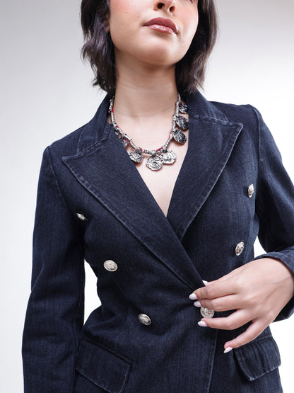 Women Black Denim Double Breasted Full Sleeves Blazer