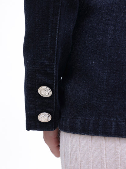 Women Black Denim Double Breasted Full Sleeves Blazer