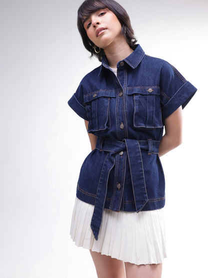 Women Navy Denim Front Box Pockets Gillet