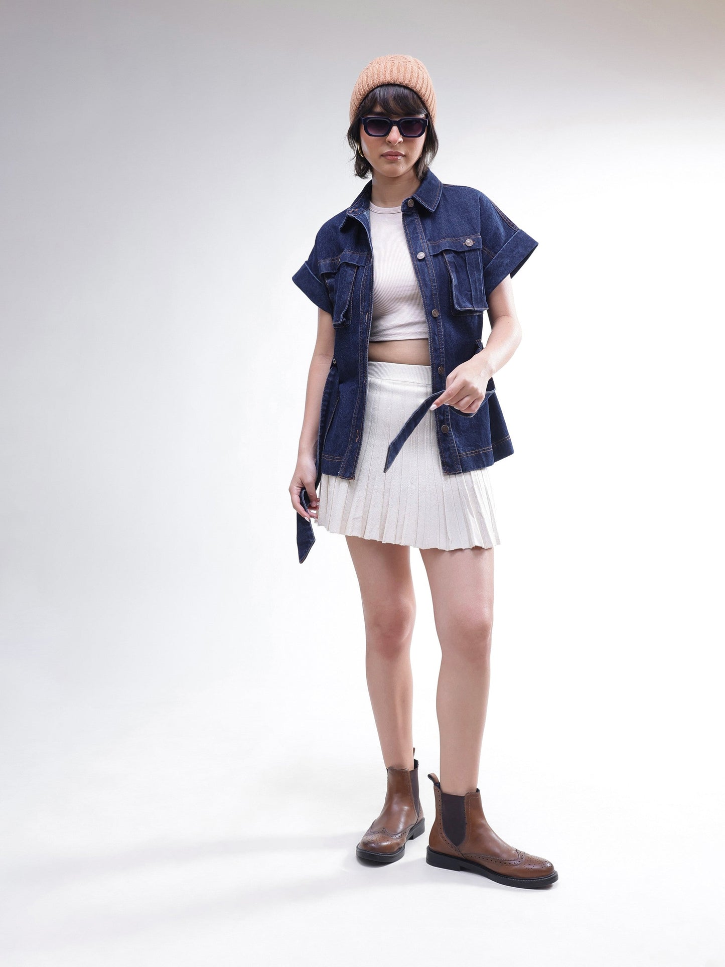 Women Navy Denim Front Box Pockets Gillet