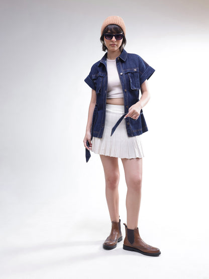 Women Navy Denim Front Box Pockets Gillet